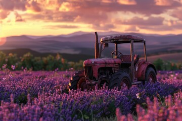 Rustic tractor in a vibrant purple flower field. Perfect for agricultural or nature-themed projects