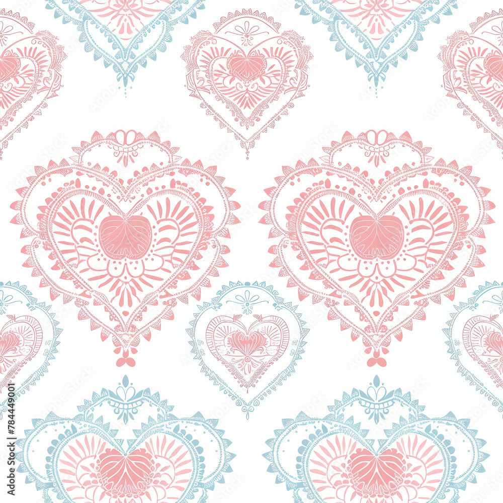 Poster a pattern of hearts in pink and blue is shown on a white background. the hearts are intricately desi
