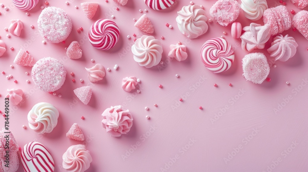 Sticker A variety of pink and white candies on a pink surface. Perfect for sweet treats or party decorations