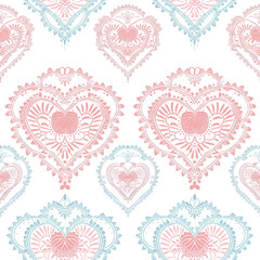 A pattern of hearts in pink and blue is shown on a white background. The hearts are intricately designed and appear to be part of a larger design. Scene is one of elegance and sophistication