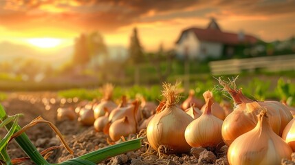 onion grows in the garden harvest. ,