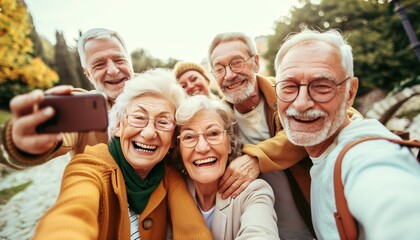 Happy Seniors Taking Group Selfie in Park