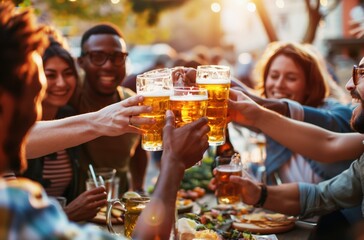 Diverse Friends Toasting With Beer at Outdoor Party