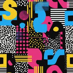 80s geometric seamless pattern, multi-layered figures, top layer animal prints, black background