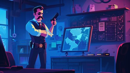 Modern web banner of a police detective character with gun in holster at an evidence board. Mustached police officer and police character working at crime investigation service, police detective - obrazy, fototapety, plakaty
