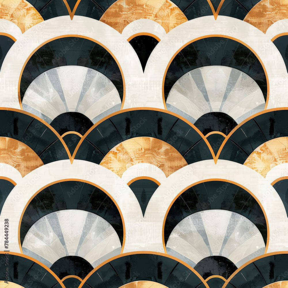 Poster a black and white patterned design with gold accents. the design is made up of circles and triangles