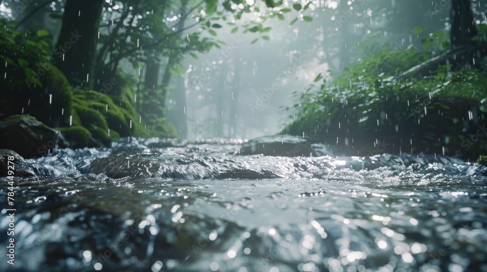 Aufkleber serene stream flowing through vibrant green forest. suitable for nature and environment concepts