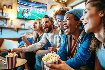 Friends Cheering During a Sports Game at Home