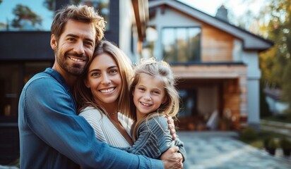 Happy Family Embracing in Front of Home