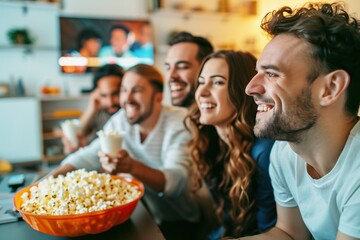 Friends Laughing and Watching Movie with Popcorn