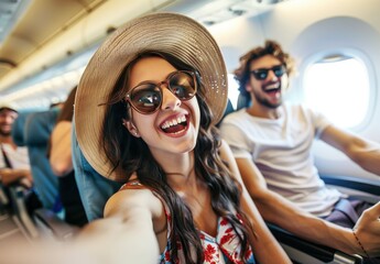 Excited Couple Taking Selfie on Plane - Powered by Adobe