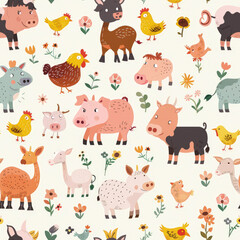 background pattern, farm animals such as pig, cow, goat, chicken, simple style, cartoon style, illustration