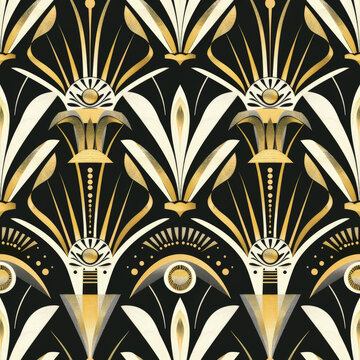 A black and gold patterned design with a lot of detail. The design is inspired by Egyptian art and features a lot of gold and white elements. Scene is elegant and sophisticated