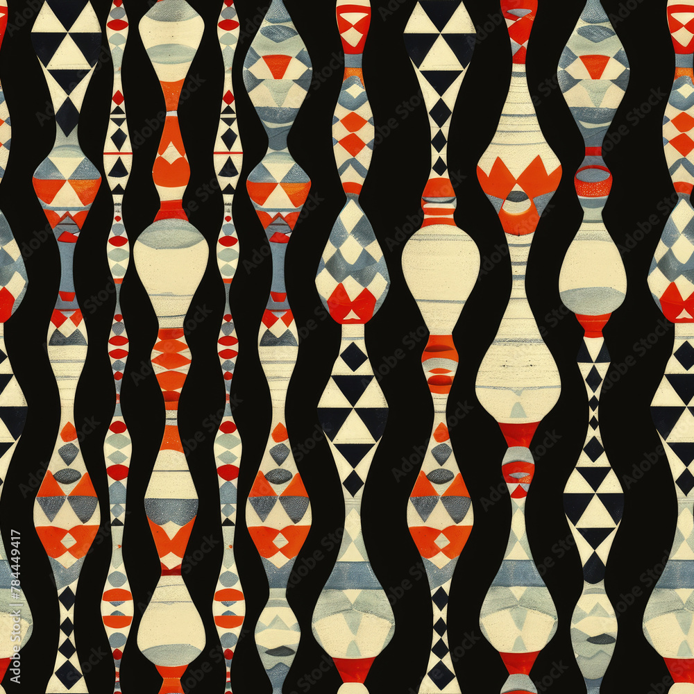 Poster a black and white image of a series of colorful vases with a tribal design. the vases are arranged i