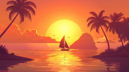The sunset on the beach is a summer modern background. There is a sunrise on an ocean island landscape cartoon illustration with a cloudy orange sky and palm trees. The tropical scene has a boat