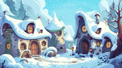 Houses in a fairytale village covered with snow in winter. Modern illustration of an adorable gnome settlement in a forest with cute round windows, lanterns, and watermills.