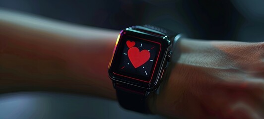 Smart watch with LCD display showing a heart icon, generative ai