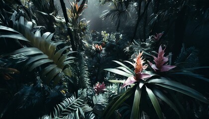 Overhead view of a dense rainforest canopy with interspersed bright orchids and bromeliads, highlighting the lushness and diversity of the tropical environment.