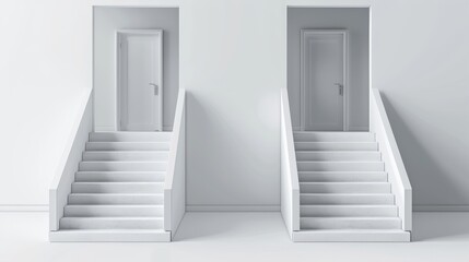 A 3D realistic depiction of two white staircases on each side of an entrance door. Modern illustration of abstract blank concrete stairs, an interior design element representing career growth and