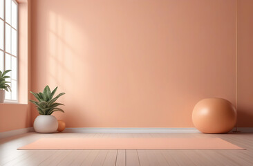 Fototapeta na wymiar Unrolled yoga mat on floor in modern fitness center with big windows and delicate peach color walls, comfortable space for doing sport exercises, meditating, yoga equipment.