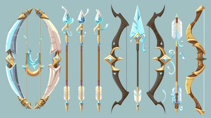 Cartoon set of fantasy bows and arrows isolated on a white background. Modern illustration of ancient archery weapon made of wood, gold and silver metal, decorated with gems and feathers. - obrazy, fototapety, plakaty