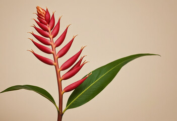 Brazilian heliconia ginger flower in half of the image over a beige flat background, captured in...