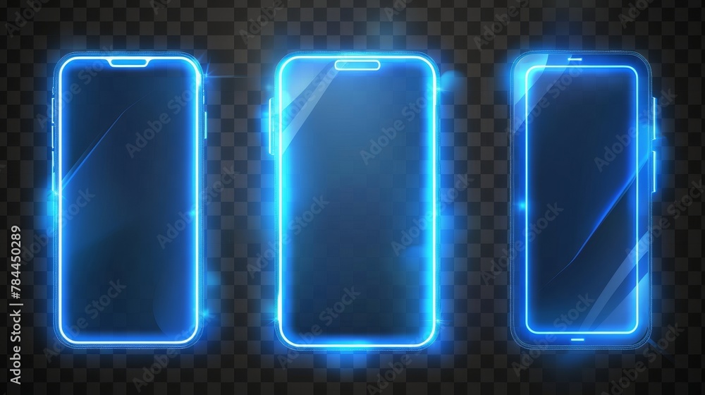 Poster 3d realistic set of 3d smartphones with neon light effect isolated on a transparent background. mode
