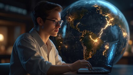 Explore the concept of connectivity with this scene of a woman using her laptop, accompanied by a...