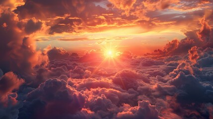 Beautiful sunset over fluffy clouds. Perfect for travel or nature concepts - obrazy, fototapety, plakaty