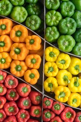 Colorful Bounty: Fresh Green, Red, Orange, and Yellow Bell Peppers Full Frame Background in 4K Photo