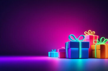 Lots of neon color gift boxes lying on neon background space for text. Discount sale background.