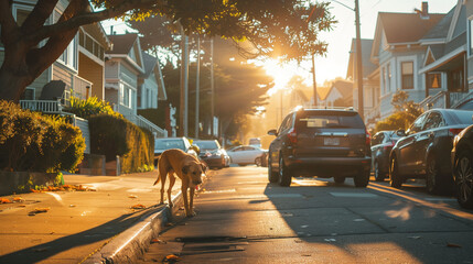 dog and traffic in the city