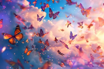 A hoard of ponder butterflies rocketing toward the sky in a lovely cluttered setting enlivened by the lovely sun blue sky setting and space, Generative AI. - obrazy, fototapety, plakaty
