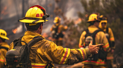 A firefighter instructs their team during a rescue operation, their calm demeanor inspiring confidence in the face of danger.
