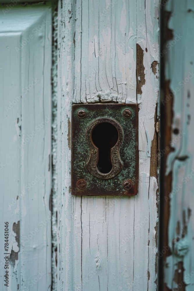 Poster A close-up image of a door with a keyhole. Suitable for security concepts