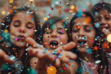 Several children are excitedly blowing colorful confetti towards the camera, with a focus on expressions and movement