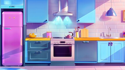 Modern appliances and gray wall decoration in the kitchen - cartoon modern background. Cooking appliances include a stove, a fridge, a sink, and a stove.