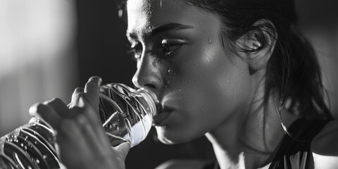 A woman hydrating with a bottle of water. Ideal for health and fitness concepts - obrazy, fototapety, plakaty