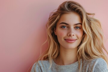 Naklejka premium A young woman with blonde hair and a casual sweater poses thoughtfully against a soft pink background