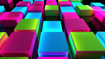 A vibrant mosaic of neon squares bursts against black, a kinetic energy display.