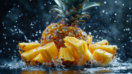 Water splashed delicious pineapple slices, isolated dark background. - obrazy, fototapety, plakaty
