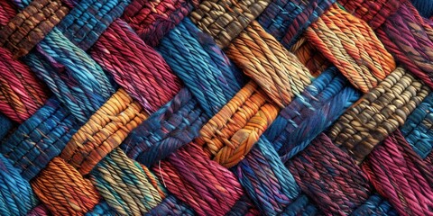 Close up of vibrant multicolored woven material, suitable for backgrounds or textures