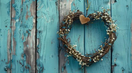 A heart shaped wreath hanging on a wooden wall. Suitable for Valentine's Day or wedding themes