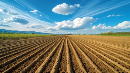 Furrows a plowed field prepared for planting crops in spring with clouds on blue sky in perspective - obrazy, fototapety, plakaty