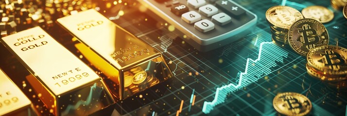 The concept of DCA (Dollar-Cost Averaging) in gold and Bitcoin investments - obrazy, fototapety, plakaty