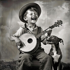 A little boy plays the banjo with his dog sitting next to him. Retro photo
 - obrazy, fototapety, plakaty