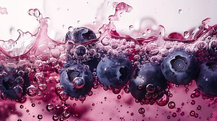 Close shot of blueberry juice with berries on it splashing and water bubbles with a big space for text or product advertisement, Generative AI.