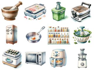 Watercolor kitchen utensils and kitchen on white background