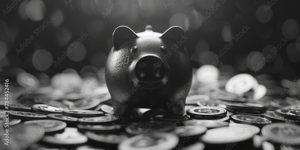 Poster a piggy bank sitting on top of a pile of coins. suitable for financial concepts