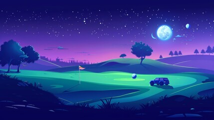 A cartoon illustration of a night golf course field landscape. Flag, ball, and car in green grass yard of sports club. Beautiful blue sky with stars and full moon. Nature and grounds for games. - obrazy, fototapety, plakaty